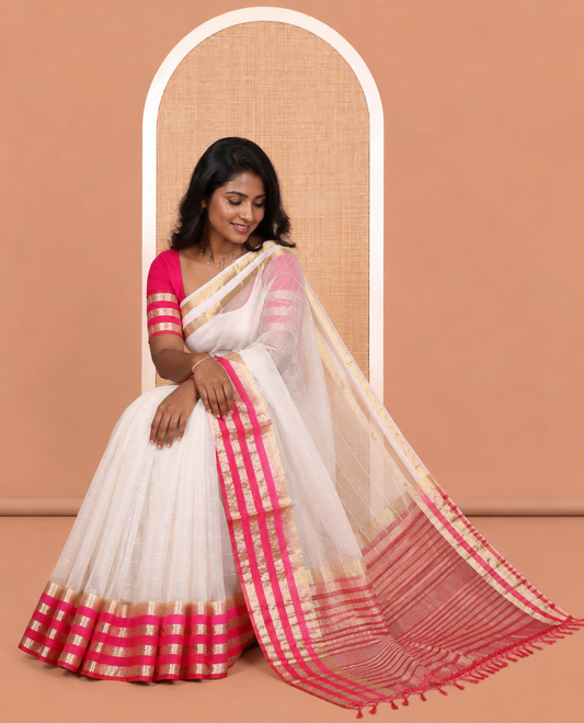 Off-White-Rani Pink Horizontal Striped Semi-Organza Saree, a Contrast Traditional Zari Border, Striped Pallu, and a Contrast Blouse