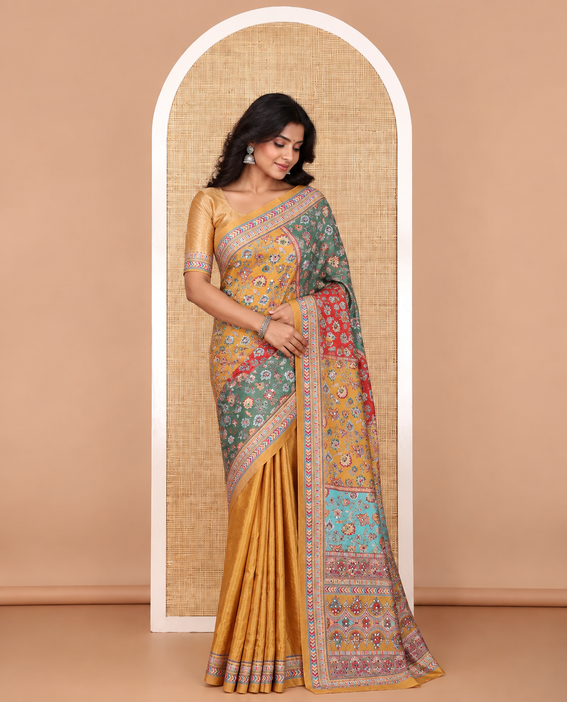 Multi-color geometric design masakali saree with printed, mirror work border & printed, mirror work pallu along with plain blouse