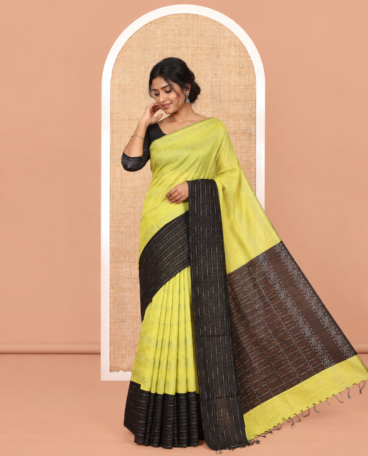 Lime Green Semi-Raw Silk Saree, Sparsely Woven with Zari Designs, a Contrast Striped Border, Striped Pallu, and a Contrast Blouse