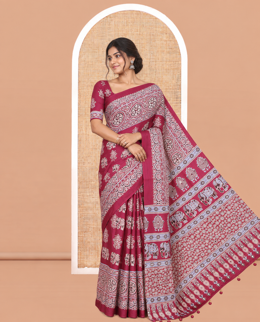 Wine Satin Crepe Saree, Adorned with Ajrakh and Elephant Print, Intricately Printed Border, a Matching Blouse