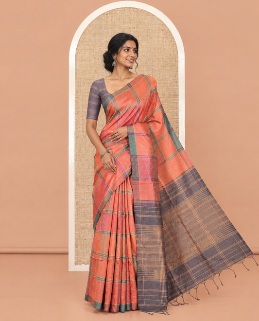 Borderless Rust Macro-Checked Katan Silk Saree, a Subtly Striped Pallu, and a Contrast Blouse