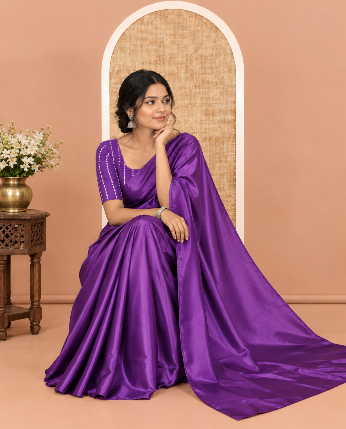 Borderless Violet Plain Crushed Rangoli Chiffon Saree, Comes with a Matching Designer Blouse