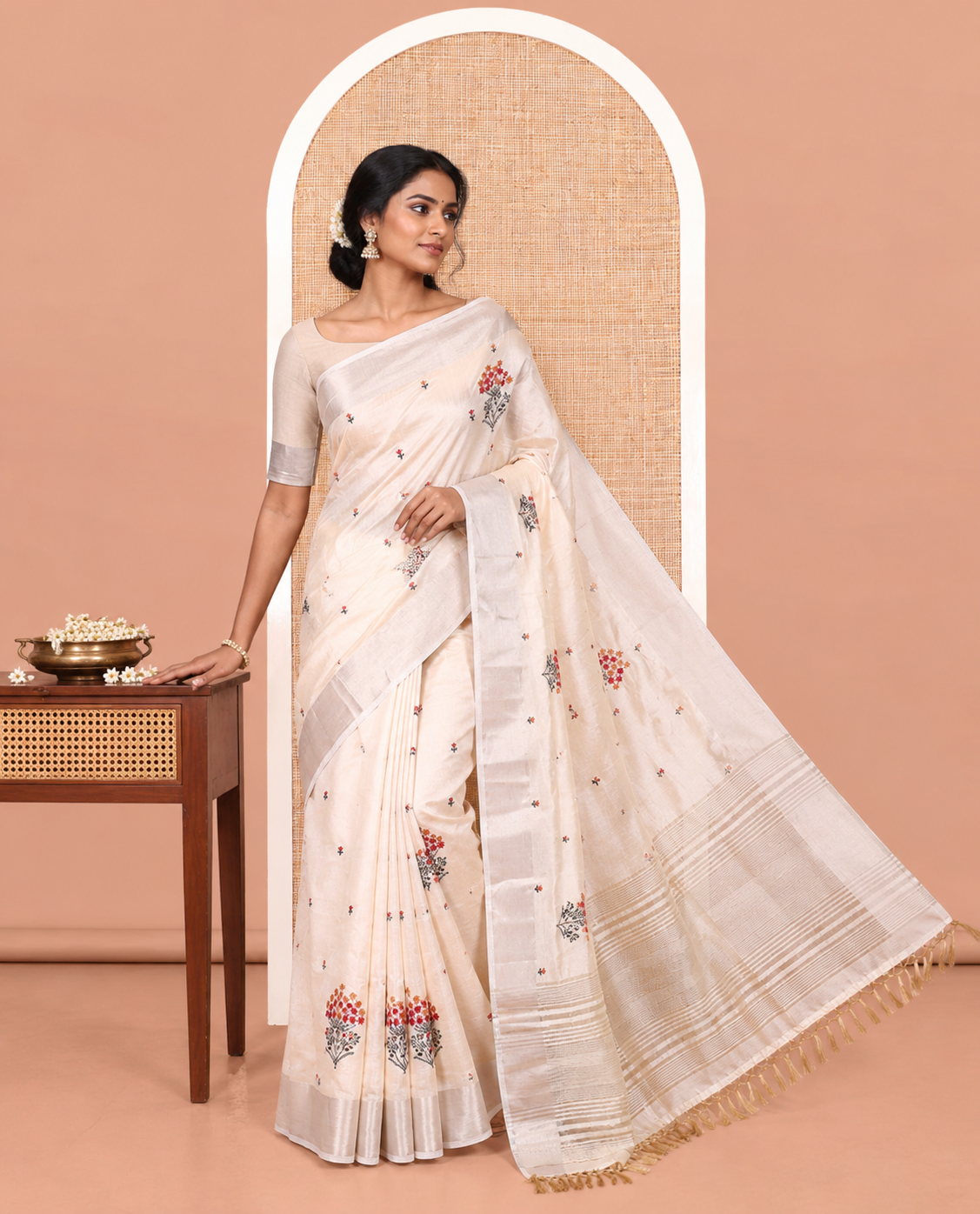 Cream Floral Embroidered Semi-Tussar Saree, a Zari Border, Striped Pallu, Matching Blouse