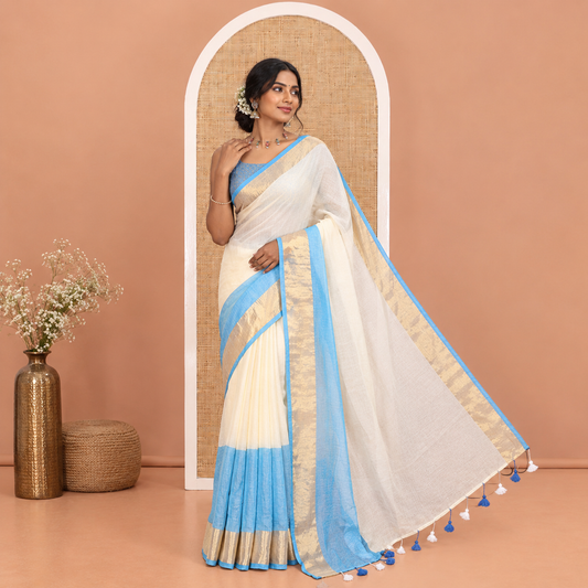 Off-White-Blue Plain Half-And-Half-Style Khadi Mul Cotton Saree with a Zari Border, and No Blouse