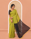 Borderless  Leaf Green and Black Plain Khadi Mul Cotton Saree, Highlighted by Captivating Contrast Colored Pallu, and Paired with a Contrast Blouse