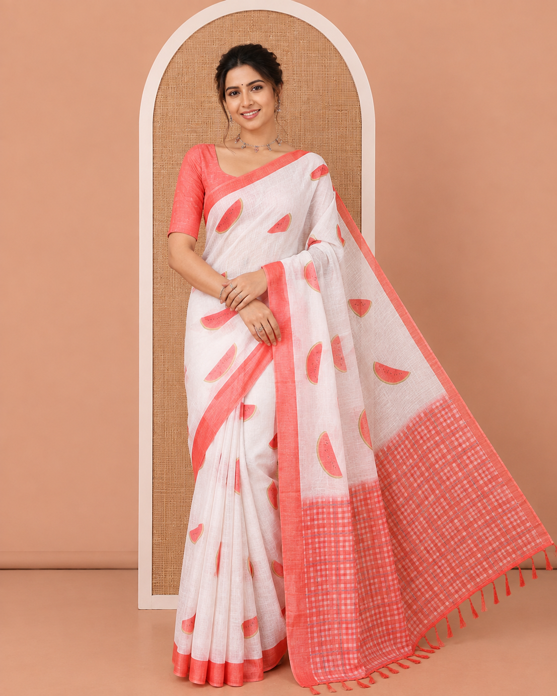 White Linen Cotton Saree, Artfully Printed with Watermelon Motifs All Over Its Body, Complemented by a Contrast Plain Border, Checked Design Pallu, and Paired with a Contrast Blouse
