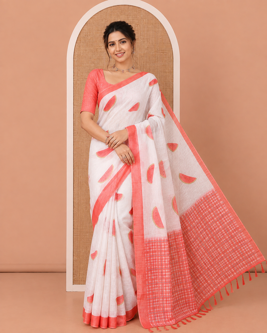 White Linen Cotton Saree, Artfully Printed with Watermelon Motifs All Over Its Body, Complemented by a Contrast Plain Border, Checked Design Pallu, and Paired with a Contrast Blouse