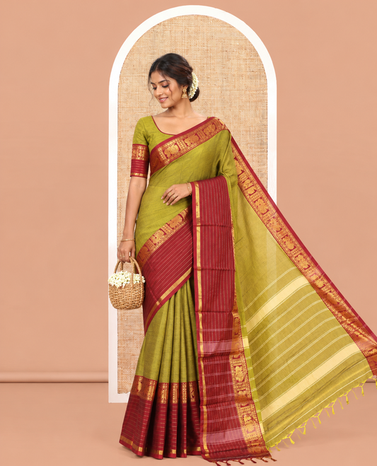 Lime Green Plain Mercerised Cotton Saree