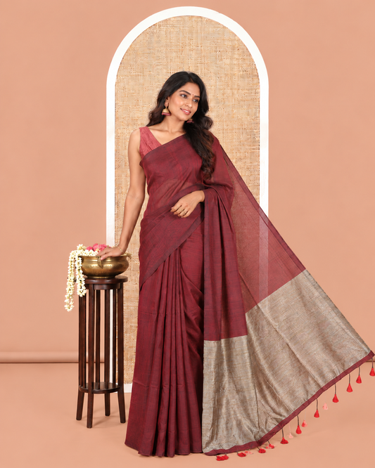 Borderless Purple Plain Khadi Cotton Saree