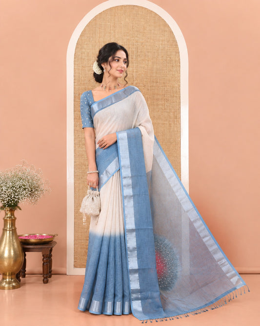 Blue Linen Cotton Saree, Ornamented with Ombre-Style Double-Color Print, Highlighted by Contrast Zari Bavanji Border, Pallu Pictures Bandhani Design, and Paired with a Contrast Bandhani Blouse