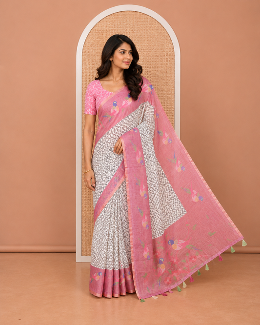 Off-White Onion Pink Linen Cotton Saree, Decorated with Geometric Print on Its Body, Complemented by a Contrast Border of Macaw Parrot Print, Pallu of Floral and Macaw Parrot Print, and Paired with a Contrast Blouse