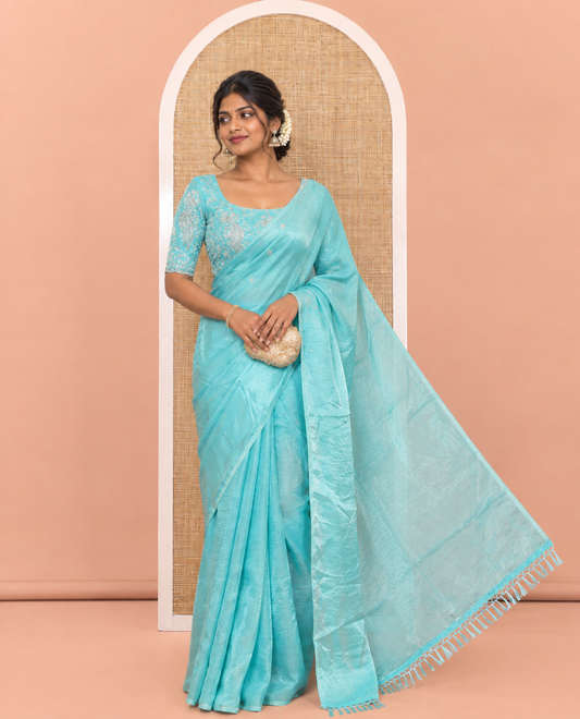 Borderless Sea Green Plain Fendi Chiffon Saree, a Self-Pallu, and a Matching Peacock Embroidered Blouse