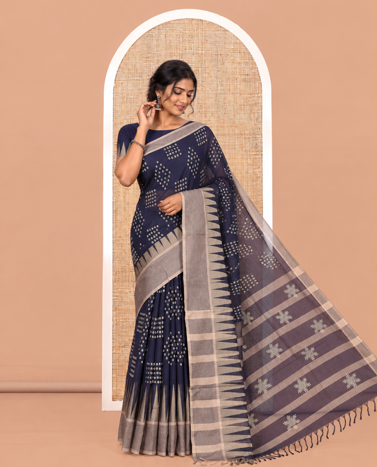 Navy Blue Handloom Cotton Saree