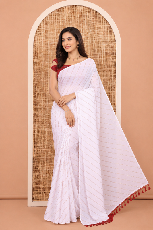 Borderless White-Maroon Rangoli Chiffon Saree, Gleamed Up with Foil-Printed Leheriya Stripes, a Contrast Sequins Blouse