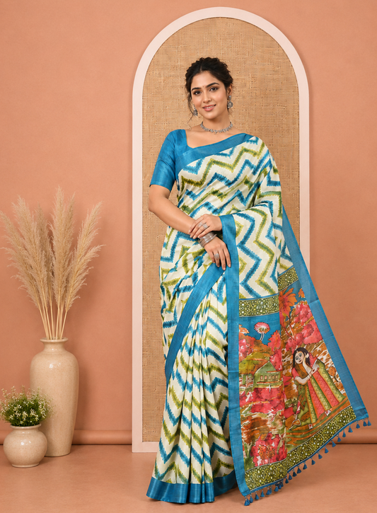 Chikku Zig-Zag Striped Khadi Cotton Saree, a Contrast Border, Nature-Themed Pallu, and a Contrast Blouse