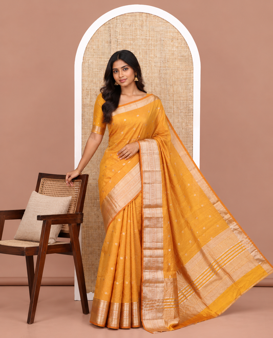 Mustard Semi-Tussar Saree, Enriched with Zari Buttas and Checks, a Traditional Zari Border, and a Matching Blouse
