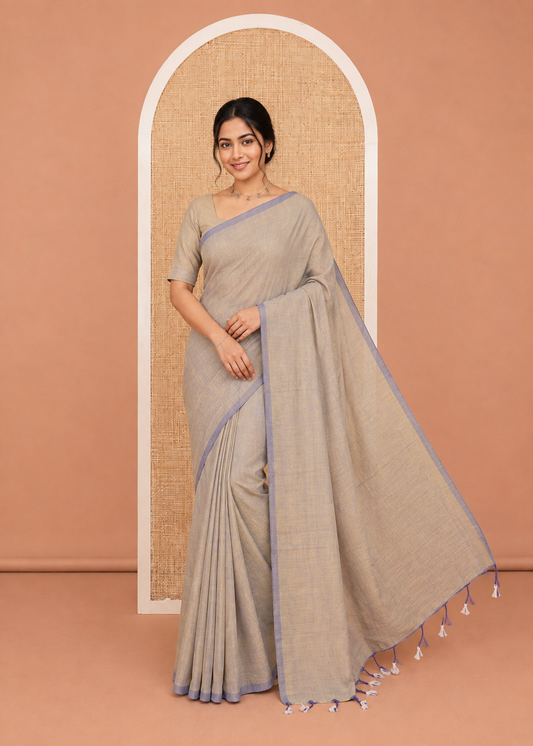 Borderless Blue-Grey Plain Khadi Cotton Saree, a Self-Pallu with Tassels, and a Matching Blouse