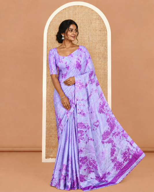Borderless Lavender Satin Crepe Saree, Ornamented with Shibori Print and Mirror Work, a Matching Blouse