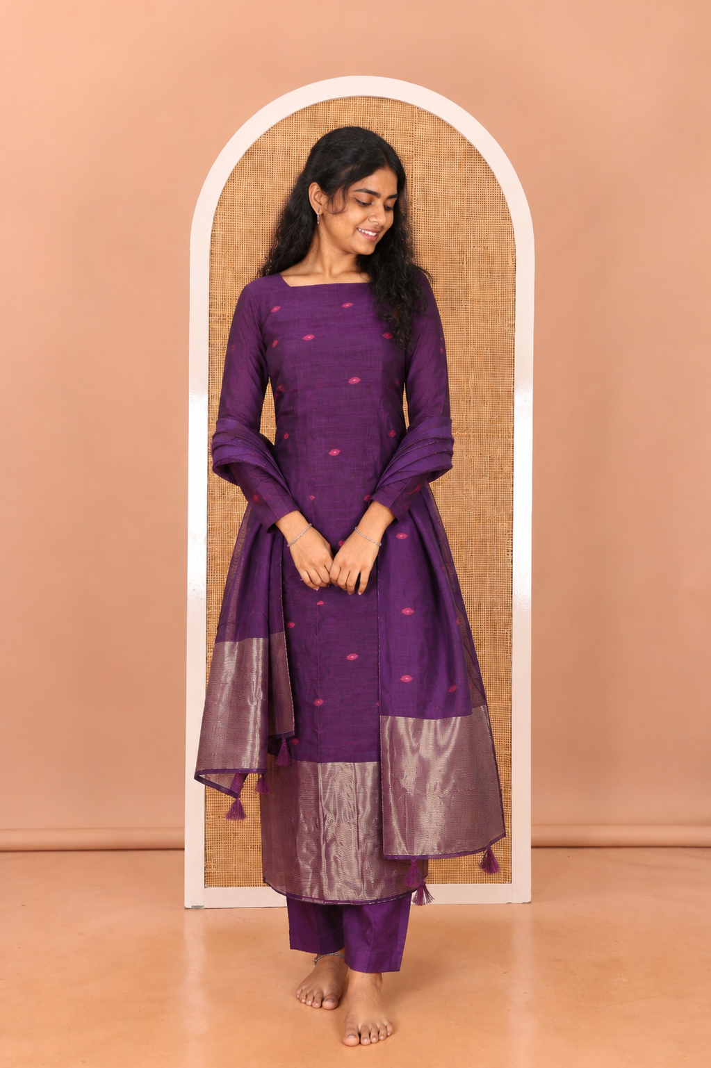 Magenta Semi-Linen Material Churidar, Delicately Woven with Thread Buttas Top, a Plain Bottom, and a Thread Buttas Dupatta