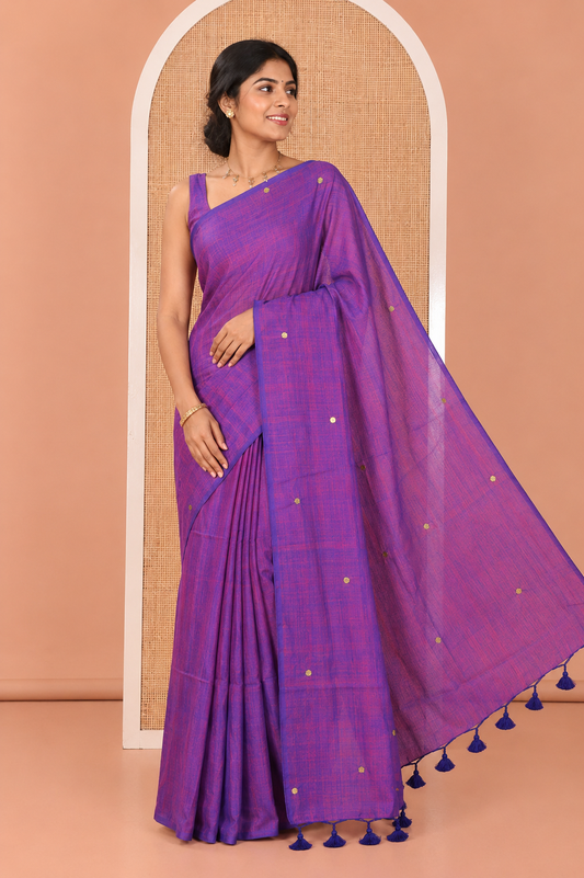 Borderless Violet Mul Cotton Saree, Subtly Sparkled With Big Sequins Work On Its Body, a Self-Pallu and Paired with a Matching Blouse