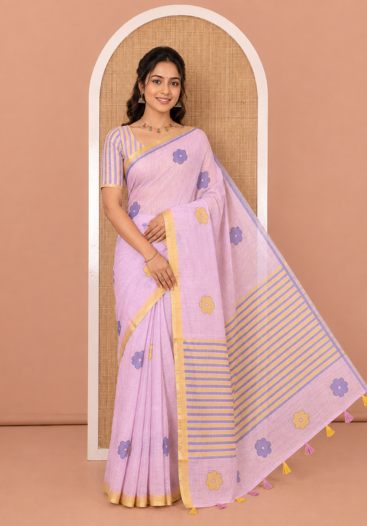 Lavender Linen Cotton Saree, Beautified with Flower Buttas, a Contrast Border, Multi-Color Striped Pallu, and a Contrast Blouse