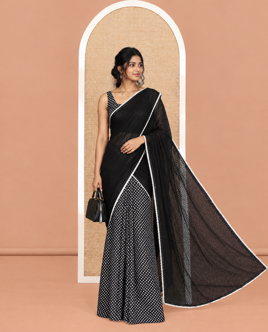 Black Half-And-Half Chiffon One-Minute Saree Features Polka Dots and Hakoba Texture, a Lace Border, and a Matching Blouse