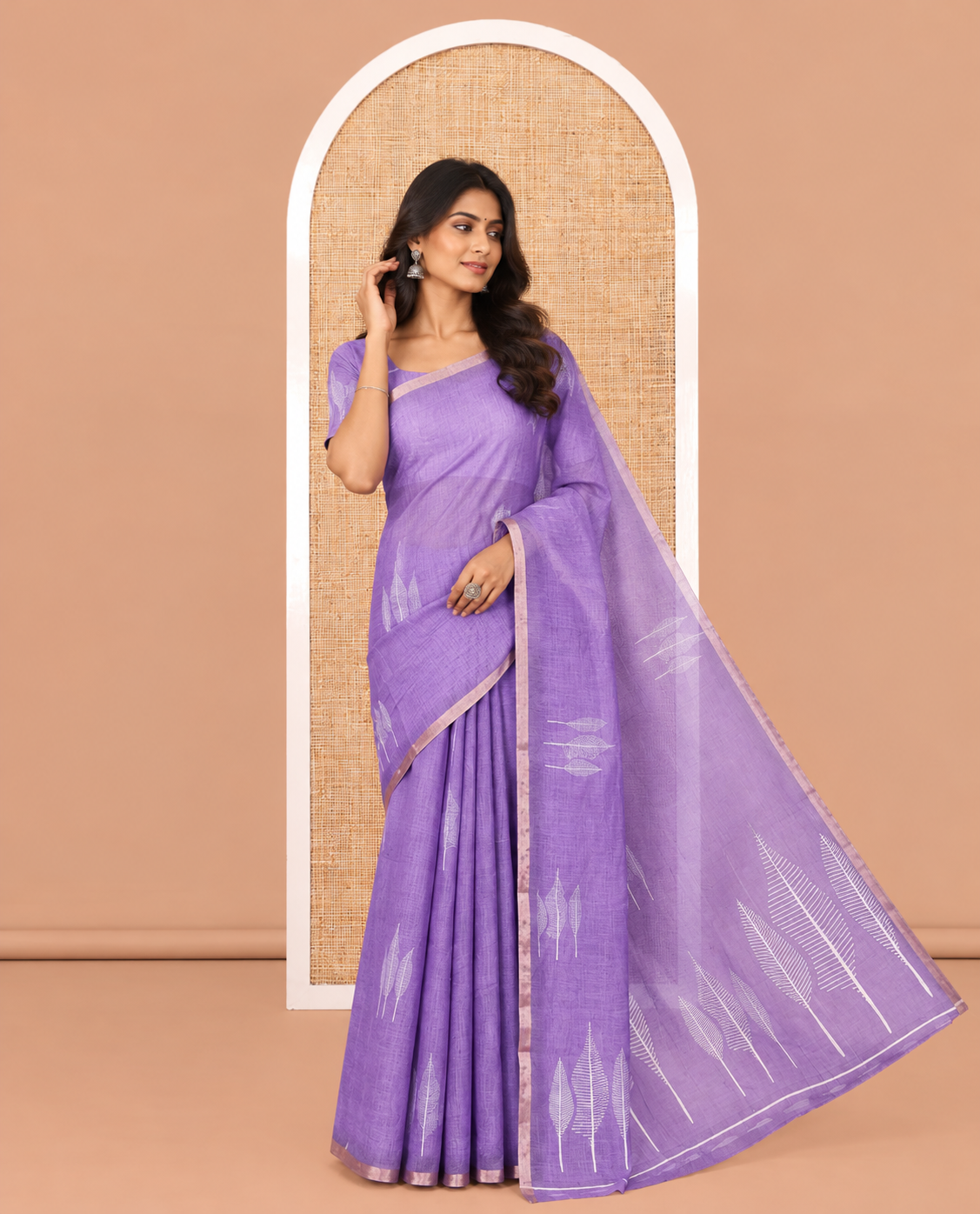Violet Linen Cotton Saree Features Tree Print, a Zari Piping Border, and a Matching Blouse