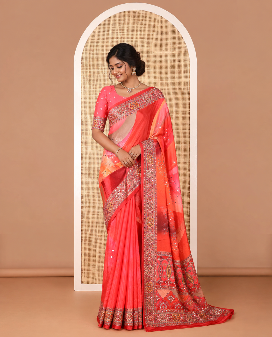 Orange geometric design, mirror work synon silk saree with printed border, mirror work & printed pallu  along with plain blouse