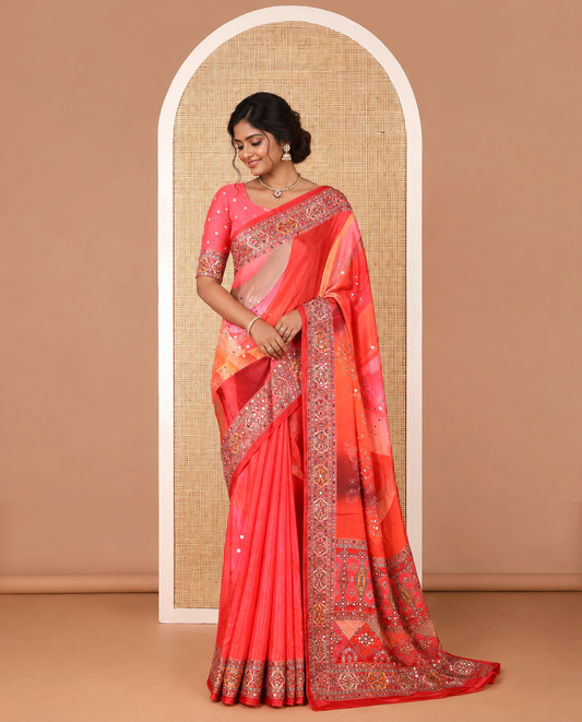 Orange geometric design, mirror work synon silk saree with printed border, mirror work & printed pallu  along with plain blouse