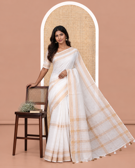 White Linen Saree, Subtly Sparkled with Stripes, a Subtle Zari Border, Striped Pallu, and a Matching Blouse