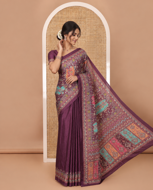 Purple geometric patterns kaleidoscope-colored printed & mirror work half-&-half masakali saree, printed border & pallu of mirror work  & plain blouse