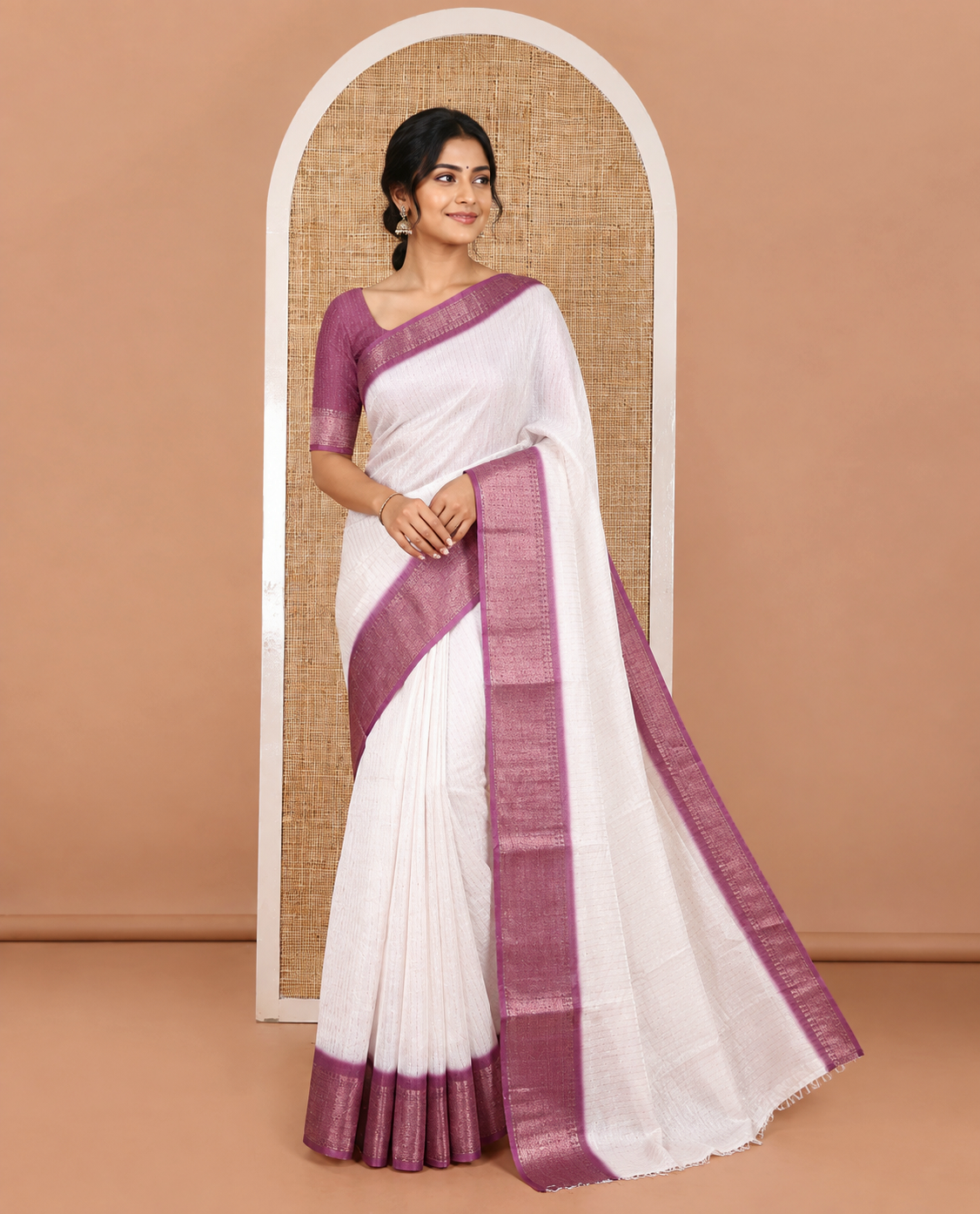 White and Purple Dola Silk Saree Embellished with Vertical Zari Stripes All Over the Body, Complemented by a Contrast Border of Traditional Zari Designs, Self-Pallu of Stripes, and Paired with a Contrast Blouse