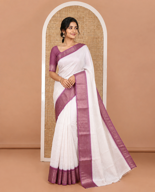 White and Purple Dola Silk Saree Embellished with Vertical Zari Stripes All Over the Body, Complemented by a Contrast Border of Traditional Zari Designs, Self-Pallu of Stripes, and Paired with a Contrast Blouse