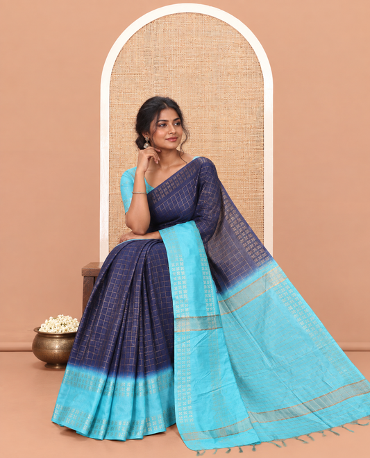 Navy Blue Bhagalpur Cotton Saree, Adorned with Zari Checked Design on Its Body, Complemented by a Contrast Traditional Zari Double-Pettu Border, Checked Design Pallu, and Paired with a Contrast Blouse