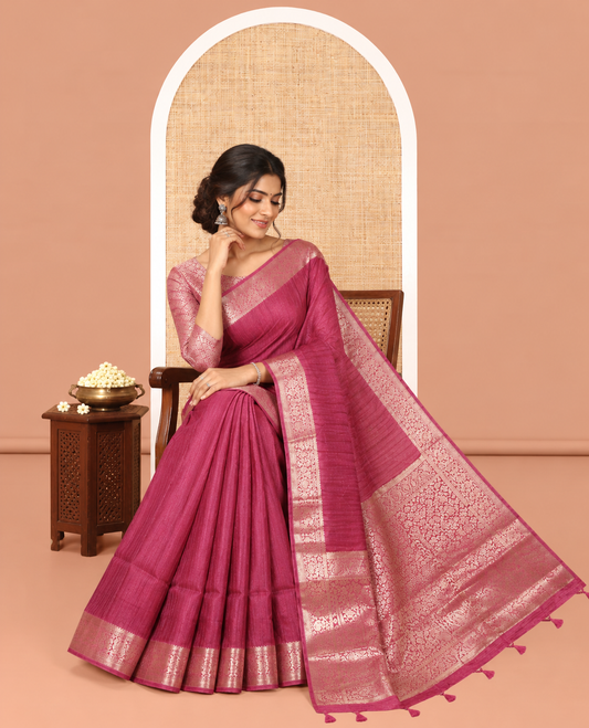 Onion Pink Fancy Tussar Saree, Floral-Paisley Border, Grand Pallu, a Contrast Printed Blouse, Matching Brocade Blouse
