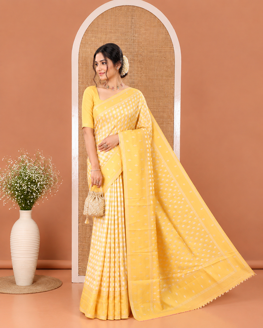 Yellow Art Silk Saree, Elevated with Checked Design on Its Body, Highlighted by a Self-Border of Diamond Patterns, Pallu Steeped with Buttas, and Paired with a Matching Blouse