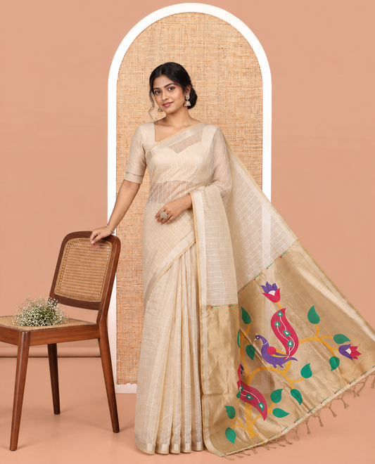 Cream Sequins Striped Semi-Raw Silk Saree, a Zari Border, Pallu of Paithani Designs, Matching Blouse