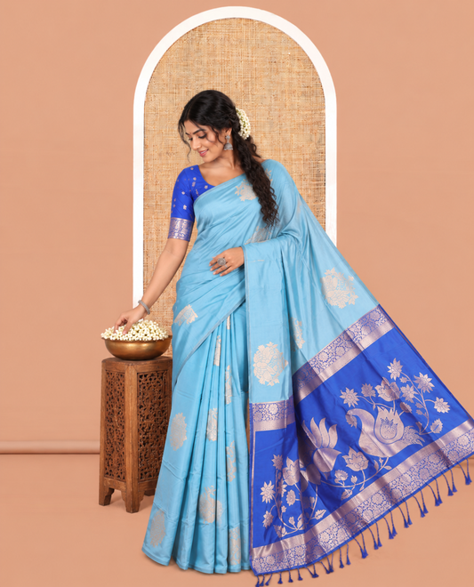 Borderless Petrol Blue Elite Soft Silk Saree
