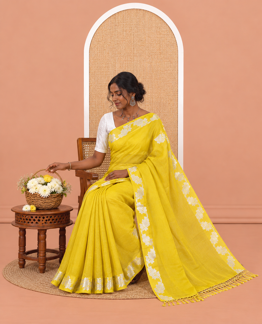 Yellow Wrinkle Chiffon Saree, Highlighted by Floral Creeper Border, and No Blouse