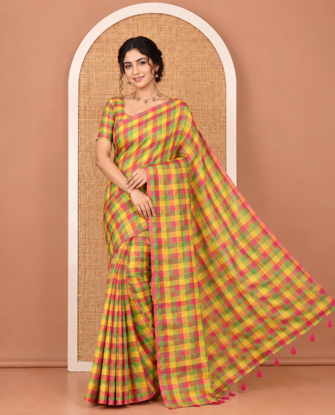 Borderless Green-Pink Khadi Mul Cotton Saree, Adorned with Madras Checks, Comes without Blouse