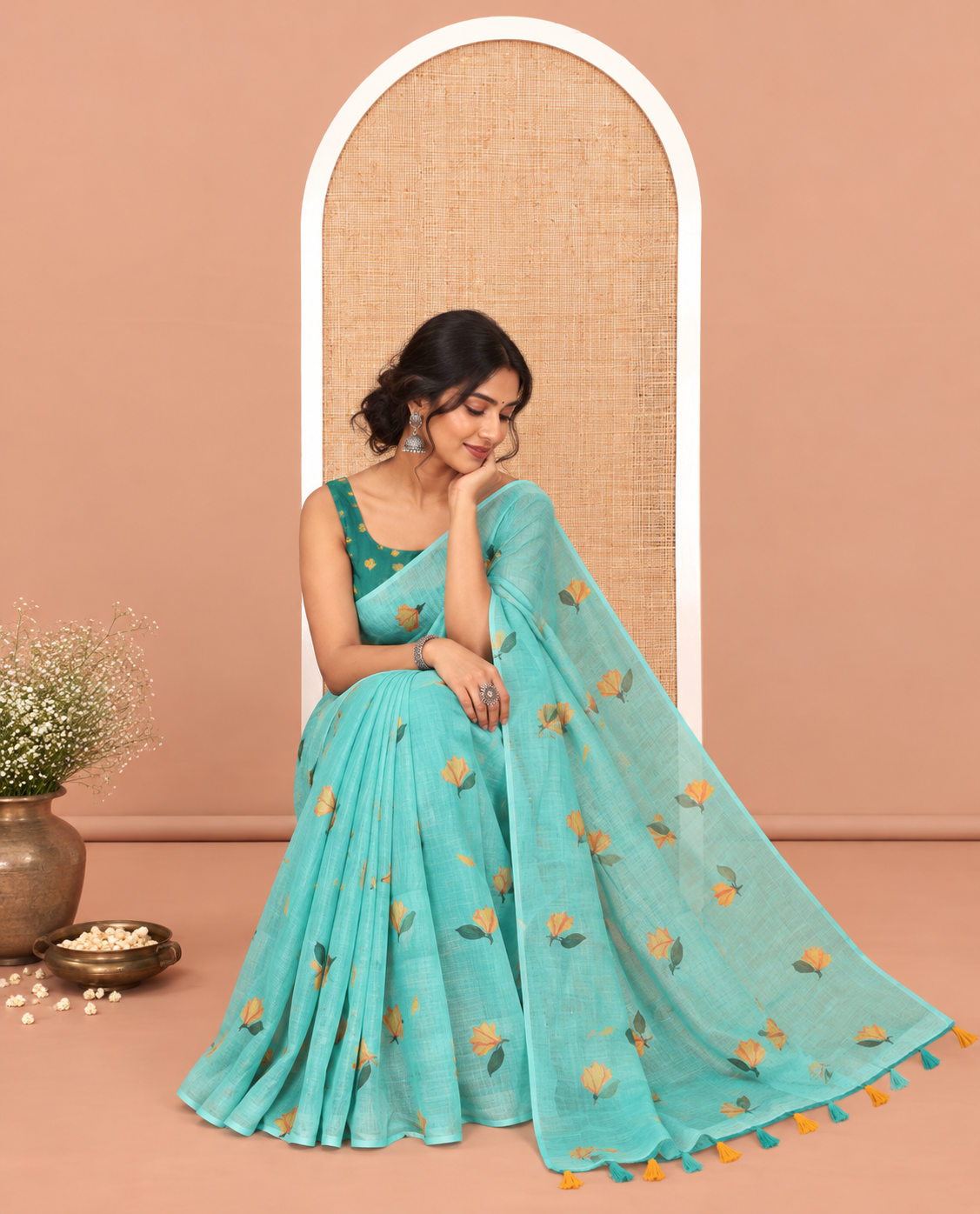 Borderless Rama Floral Motif Printed Linen Cotton Saree Comes with a Contrast Printed Blouse