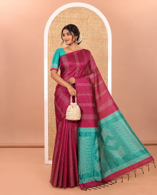 Borderless Purple Semi-Raw Silk Saree Featuring Elegant Vertical Sequin Stripes Running Across the Body, Complemented by a Contrast Thread-Work Pallu and Paired with a Contrast Blouse