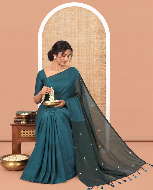 Borderless Peacock Green-Green Khadi Cotton Saree