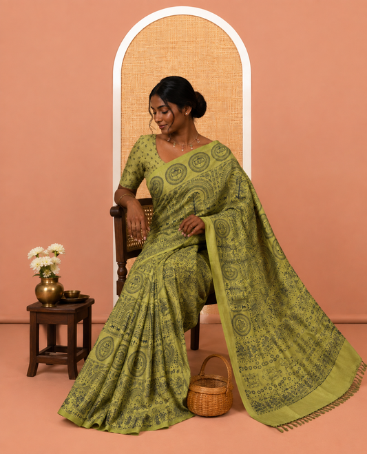 Borderless Olive Green Warli Printed South Cotton Saree, Printed Pallu and a Matching Blouse