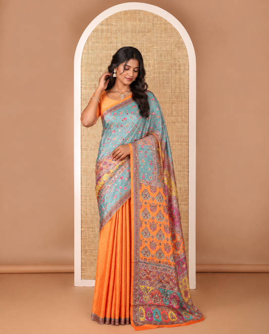 Multi Color Geometric Design Mirror Work Synon Silk Saree With Printed Border Mirror Work Printed Blouse Along With Plain Blouse