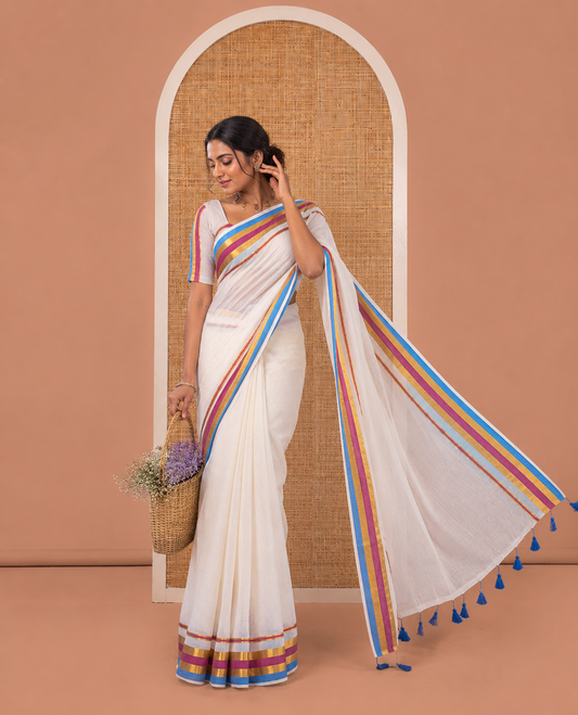 Cream Plain Khadi Mul Cotton Saree, Complemented by a Contrast Rainbow-Style Zari Striped Border, a Self-Pallu, and Has No Blouse