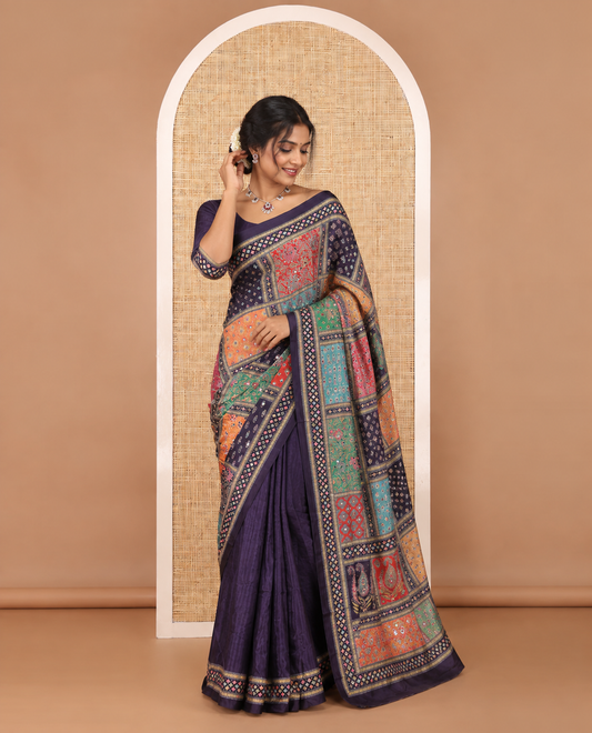Multi-color geometric design masakali saree with printed, mirror work border & printed, mirror work pallu along with plain blouse
