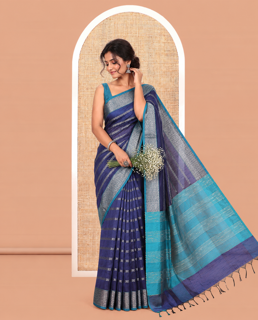 Navy Blue Zari-Striped Semi-Raw Silk Saree with a Contrast Zari Border, Intricate Pallu, and Contrast Blouse