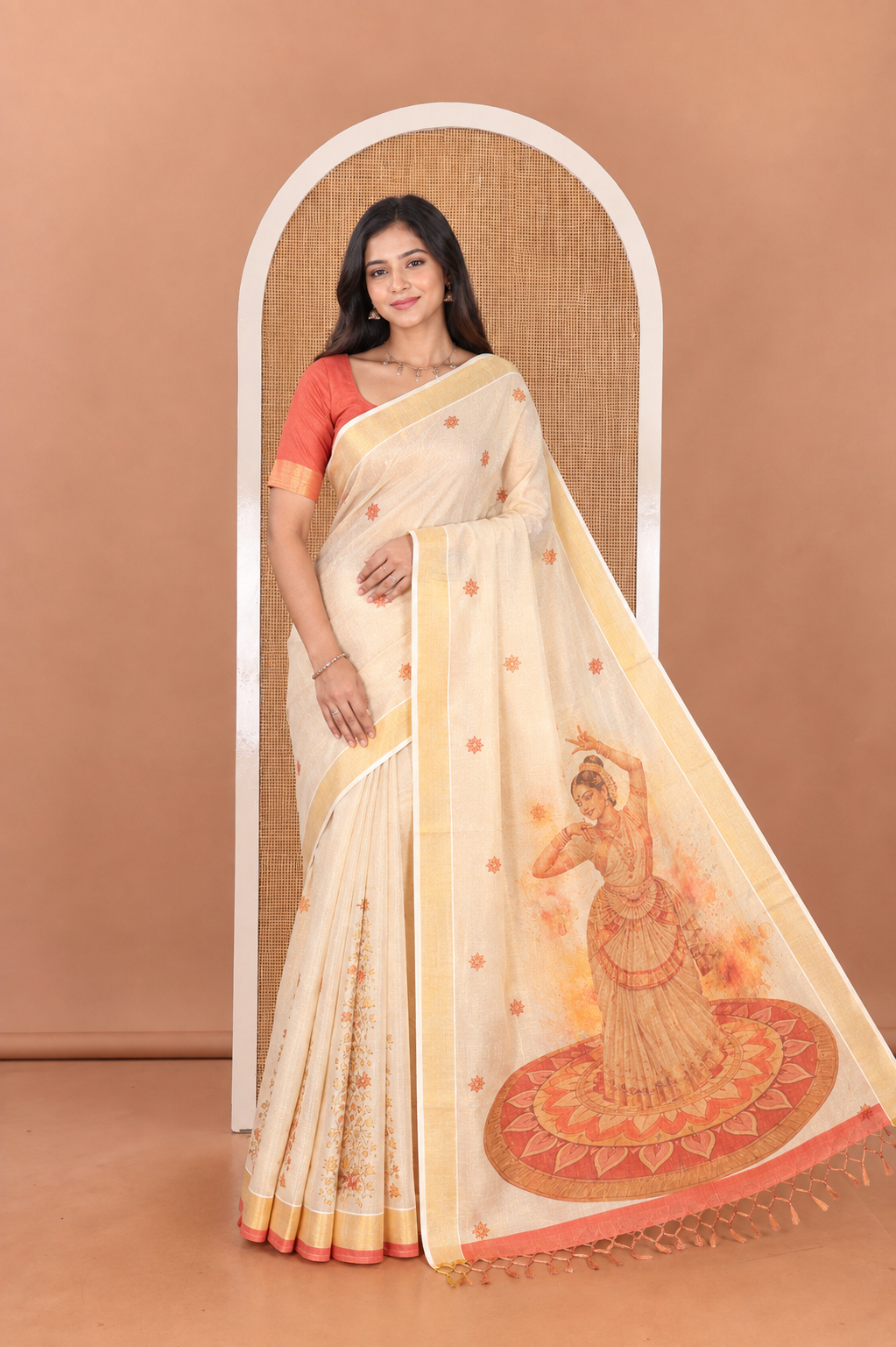 Gold Kerala Cotton Saree, Adorned with Floral Print, a Zari Border, Pallu of Bharatanatyam Girl Figurine, and a Contrast Blouse