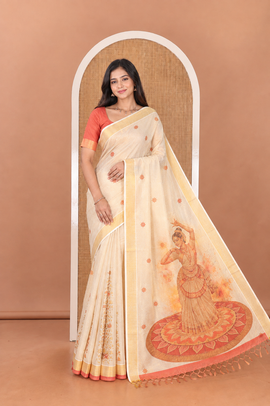 Gold Kerala Cotton Saree, Adorned with Floral Print, a Zari Border, Pallu of Bharatanatyam Girl Figurine, and a Contrast Blouse